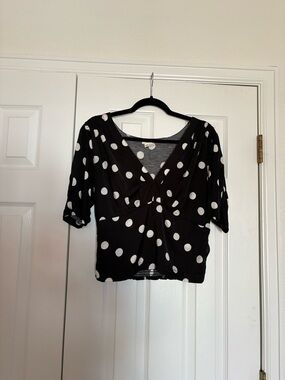 Anthropologie Black and White Polka Dot V-Neck Blouse